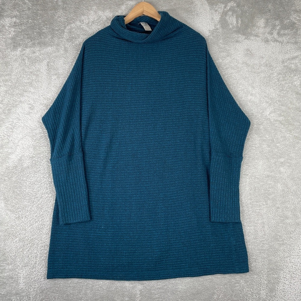 We The Free Tunic Women Medium Teal Kitty Waffle Knit Mock Neck Boho Sweater